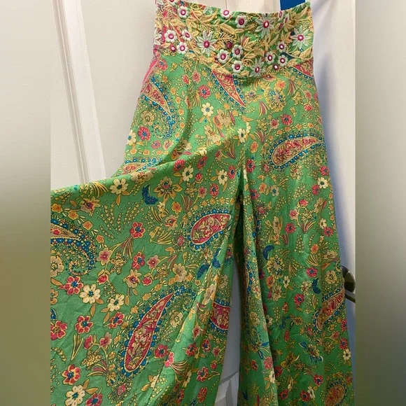 SILK Floral Green Wide Leg Pants - Picture 4 of 13